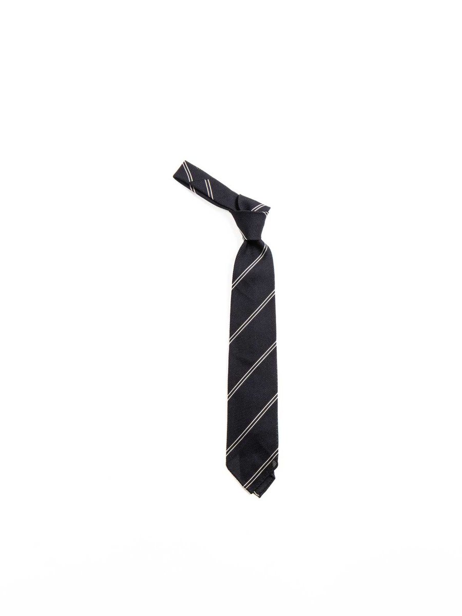 HAND&ndash;ROLLED BAR STRIPE GRENADINE TIE NAVY & ECRU