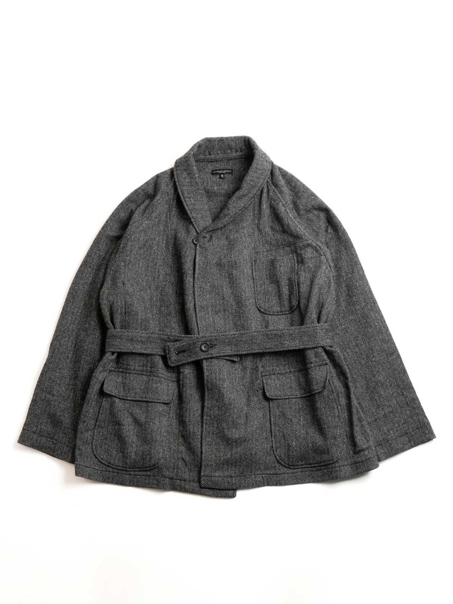 SMOKING JACKET GREY POLY WOOL HERRINGBONE 