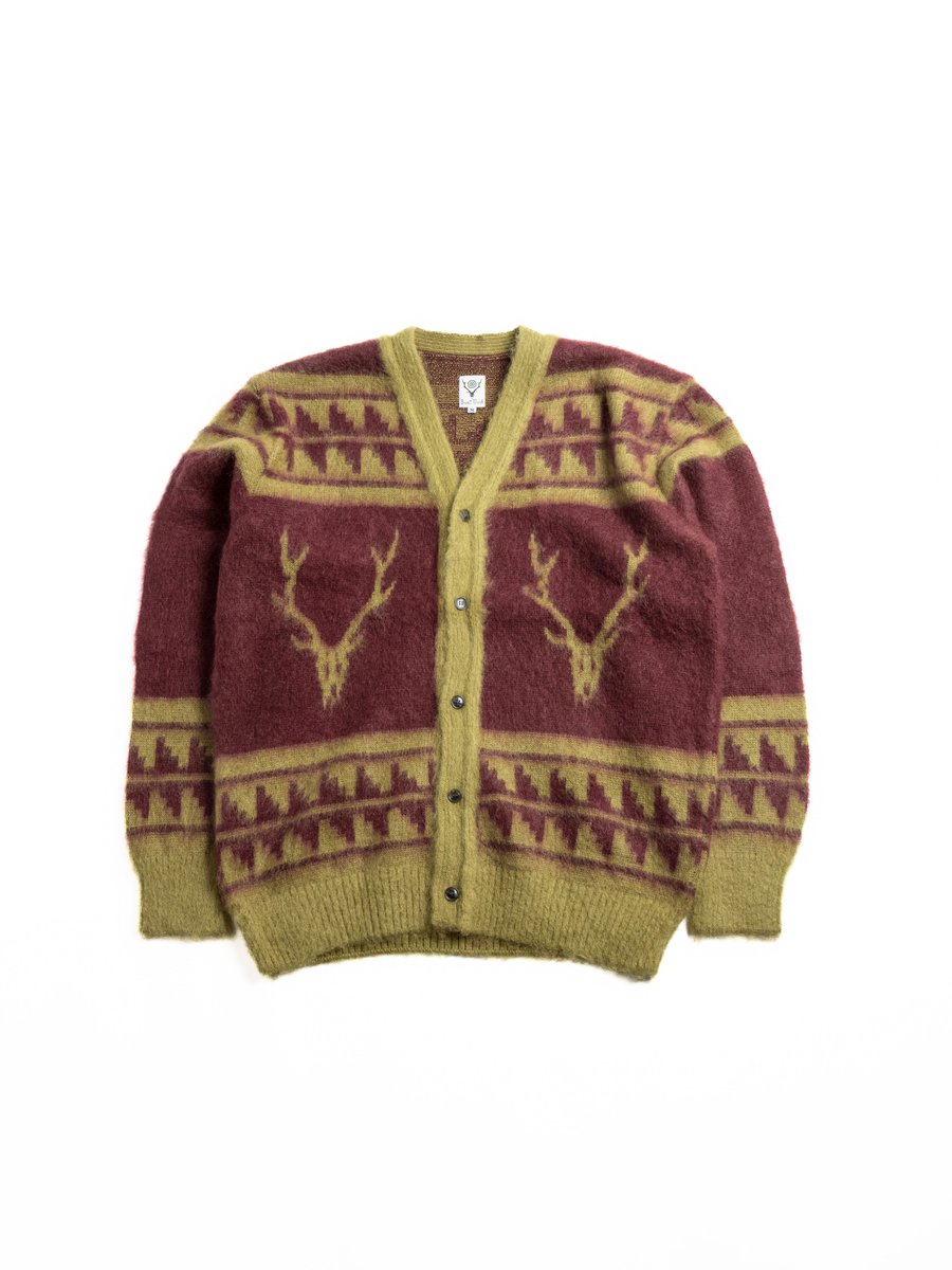 SOUTH2 WEST8 MOHAIR V NECK CARDIGAN NORDIC SKULL WINE