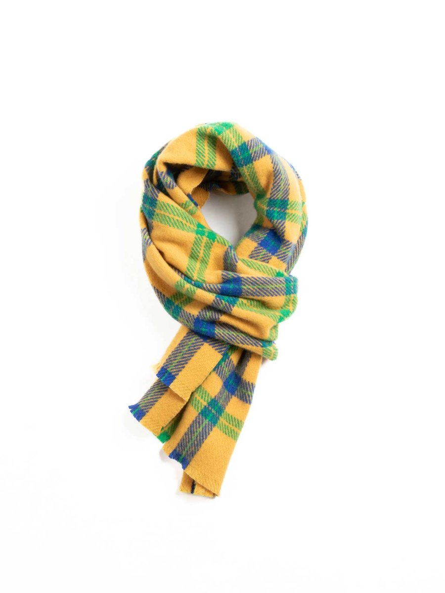 CHECK WOOLEN RECTANGLE SCARF APRICOT GREEN & BLUE