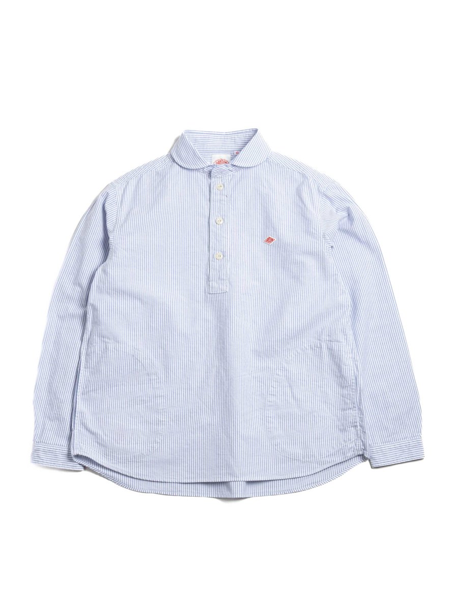 ROUND COLLAR P.O SHIRT L/S NAVY X WHITE STRIPE