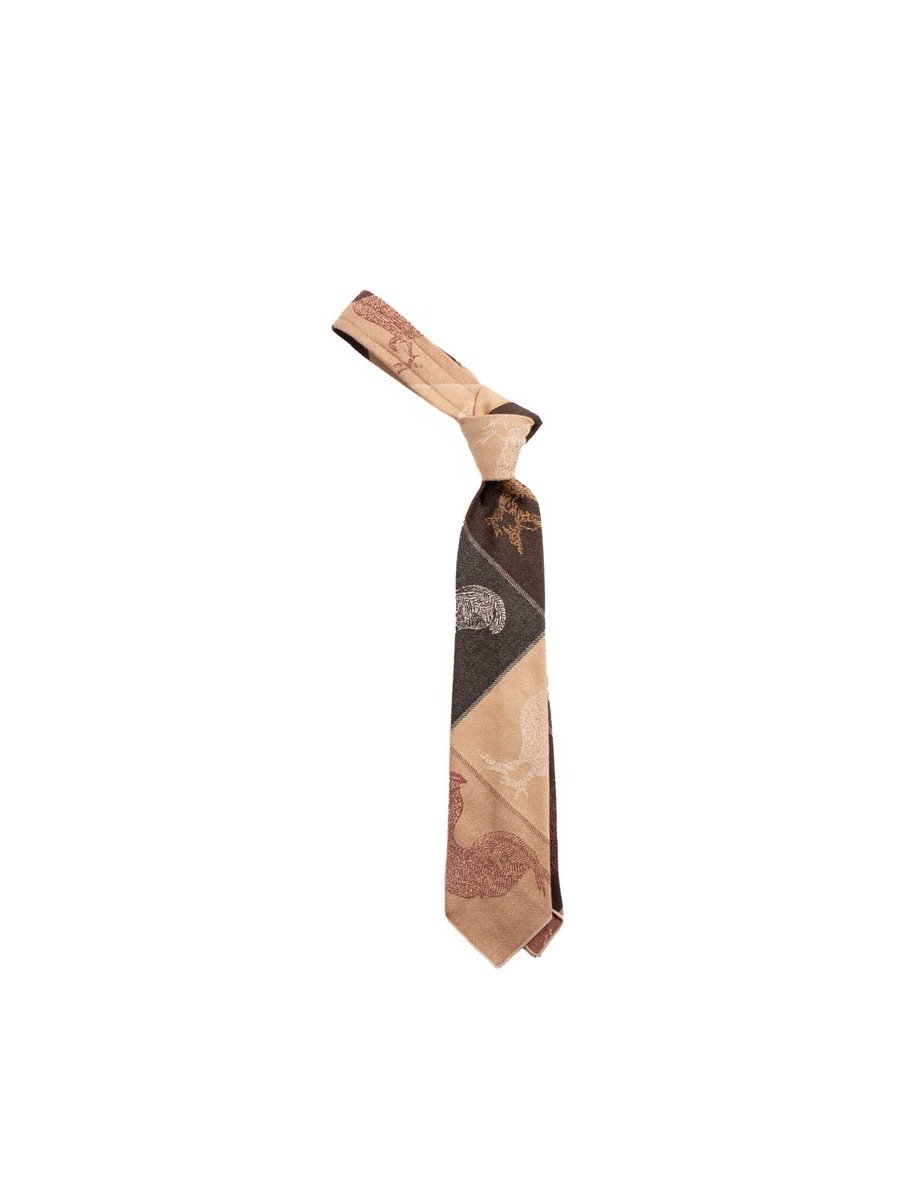 NECK TIE KHAKI COTTON BIRD BLOCK JACQUARD