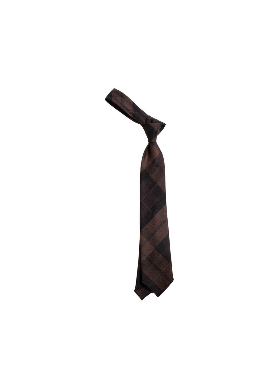 NECK TIE BROWN BLACK WORSTED WOOL PLAID
