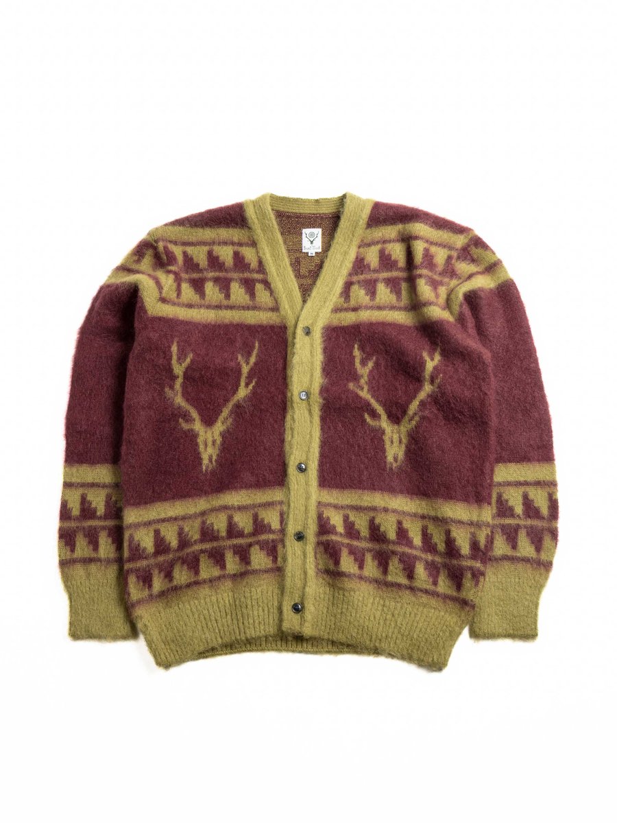SOUTH2 WEST8 MOHAIR V NECK CARDIGAN NORDIC SKULL WINE