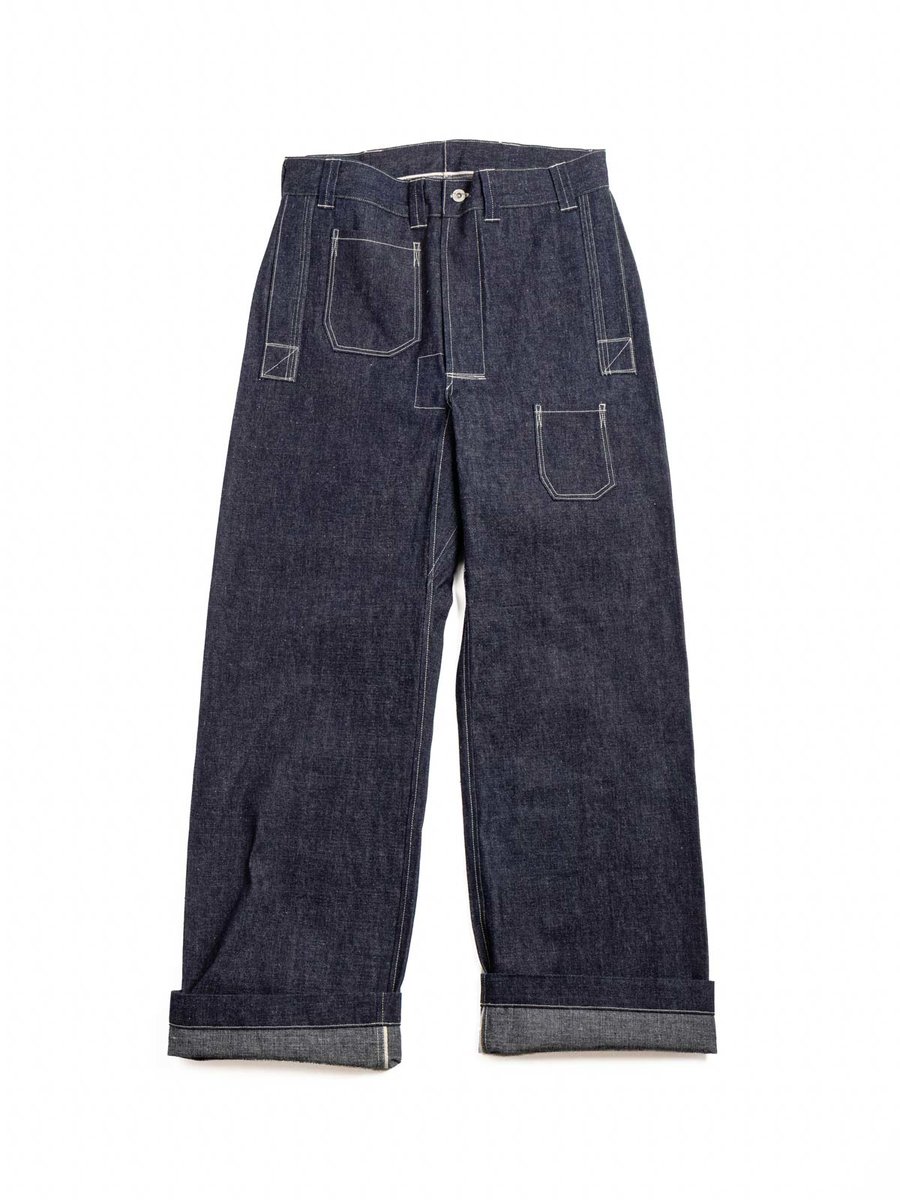 JOHN GLUCKOW JG&ndash;01S 1910s NETMAKER&rsquo;S TROUSERS INDIGO DENIM OR