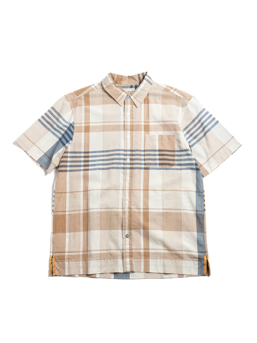 (OM45645.26) RAW YARN STOUT WEAVE MADRAS S/S NATURAL TAN NAVY