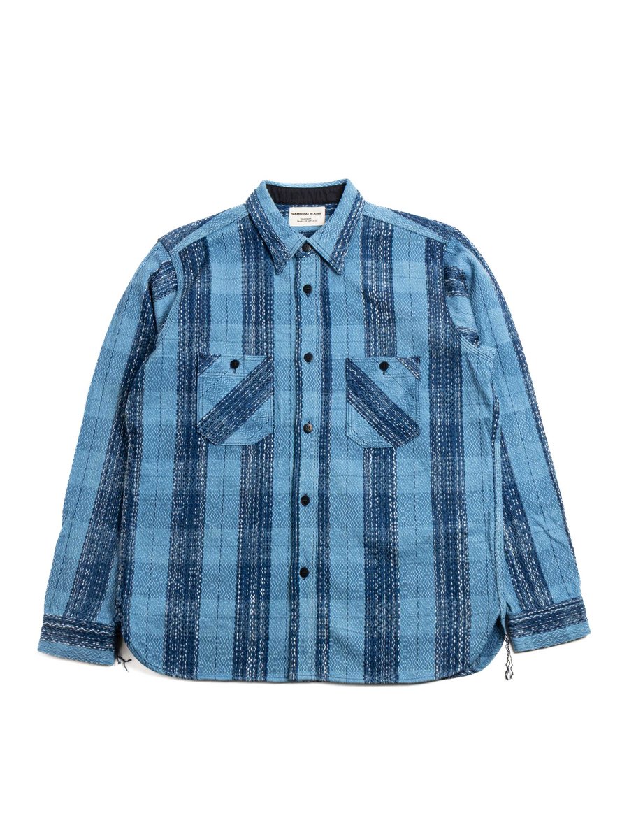 SKN24–01W INDIGO DYED SASHIKO FLANNEL RAIN DROP KASURI WORK SHIRT
