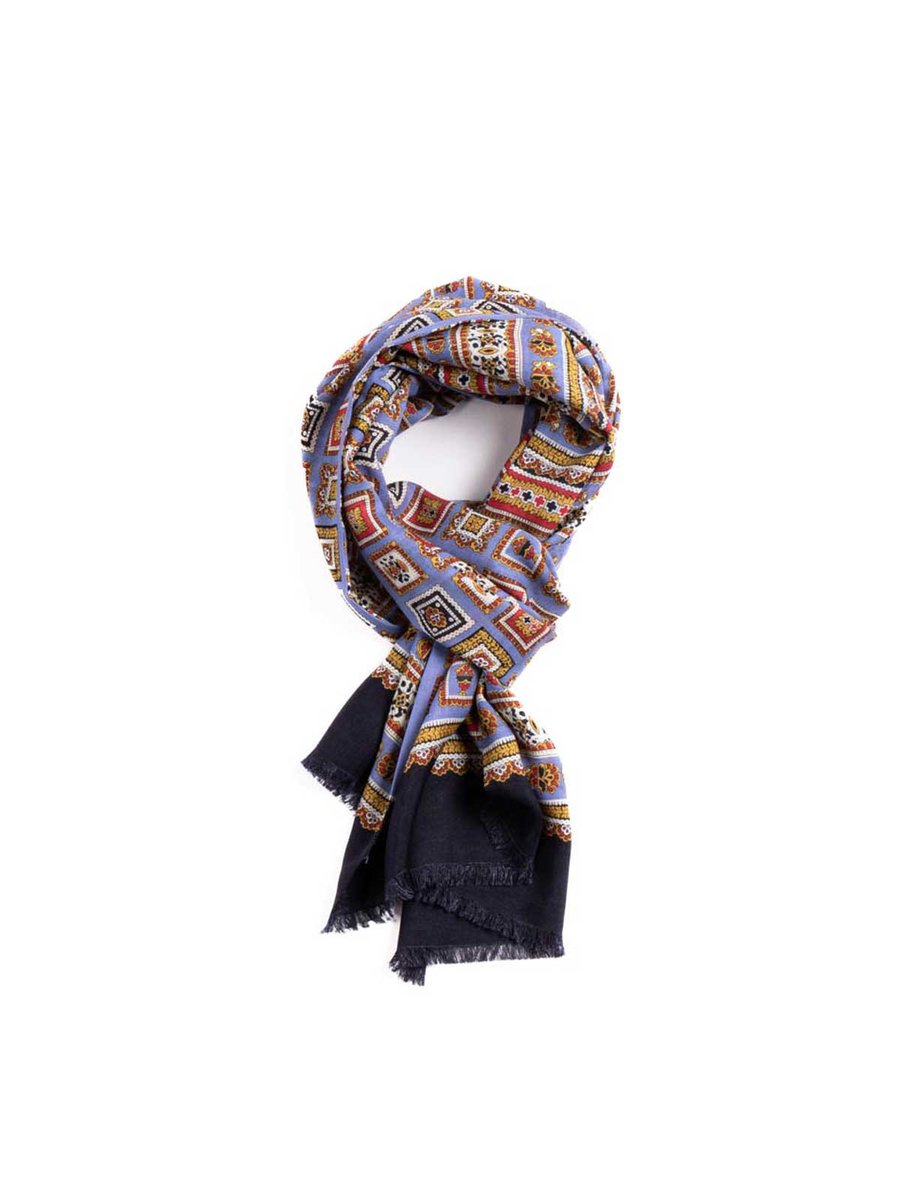 NAVY BLUE GOLD MEDALLION TUBULAR WOOL SILK SCARF