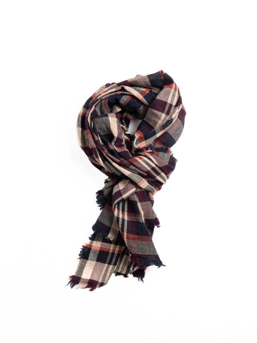 CHECK WORSTED SCARF NAVY & WINE