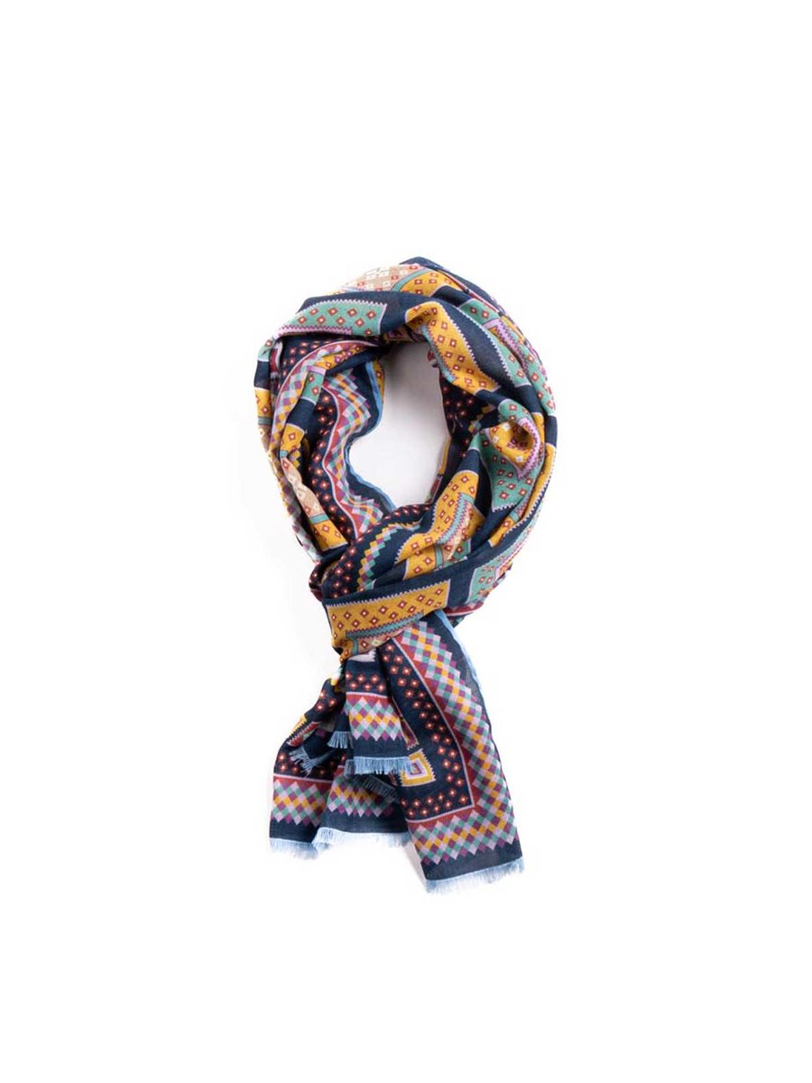 NAVY KELIM BLOCK PRINT WOOL–SILK SCARF