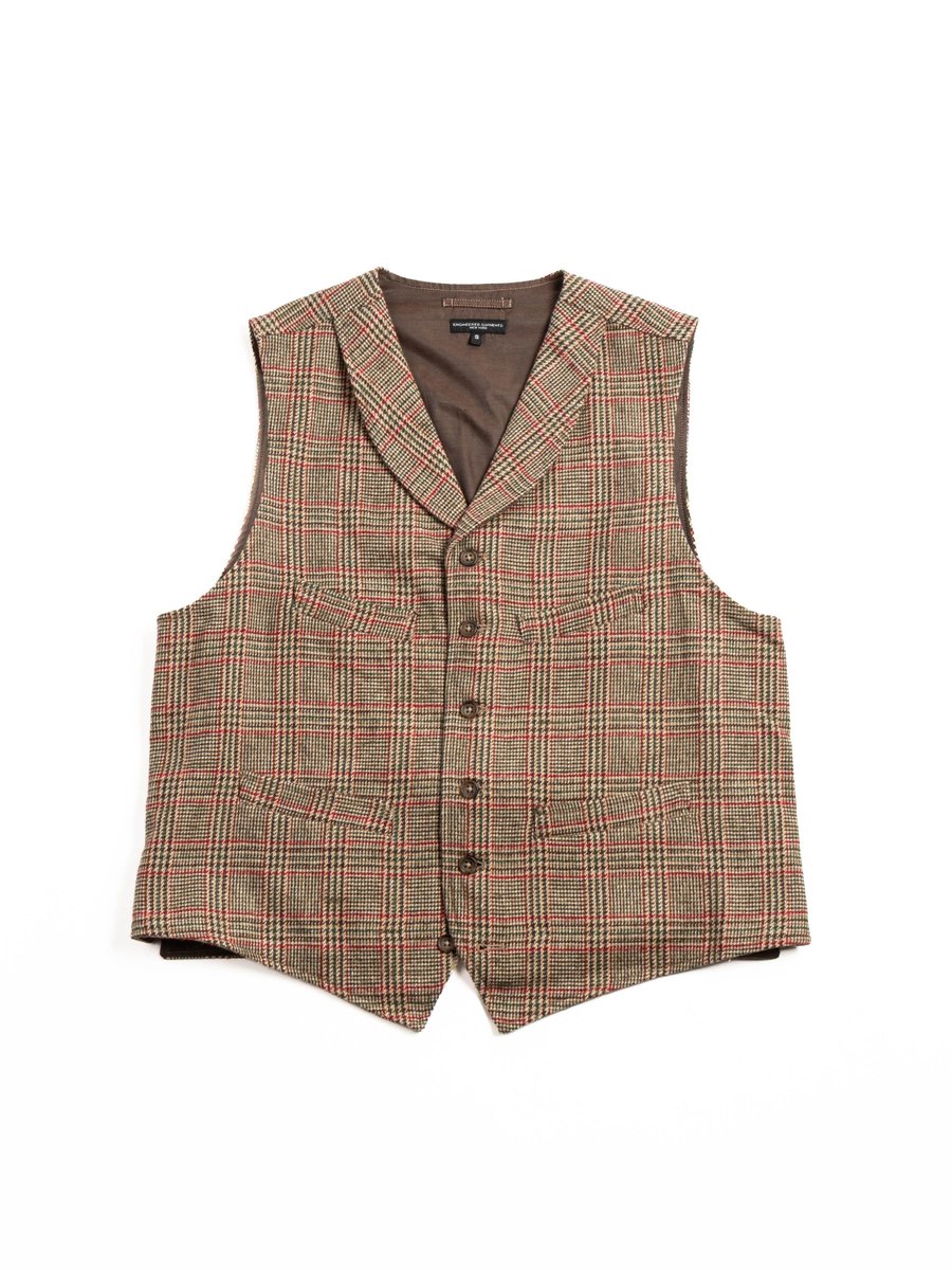 SHAWL COLLAR CINCH VEST / TAN / RED WOOL POLY GLEN PLAID