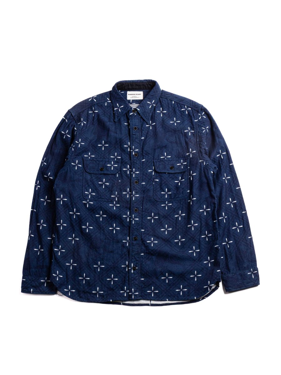 (SSS25&ndash;02W ) NARIHIRABISHI GOLDFISH PATTERN JACQUARD WORK SHIRT INDIGO