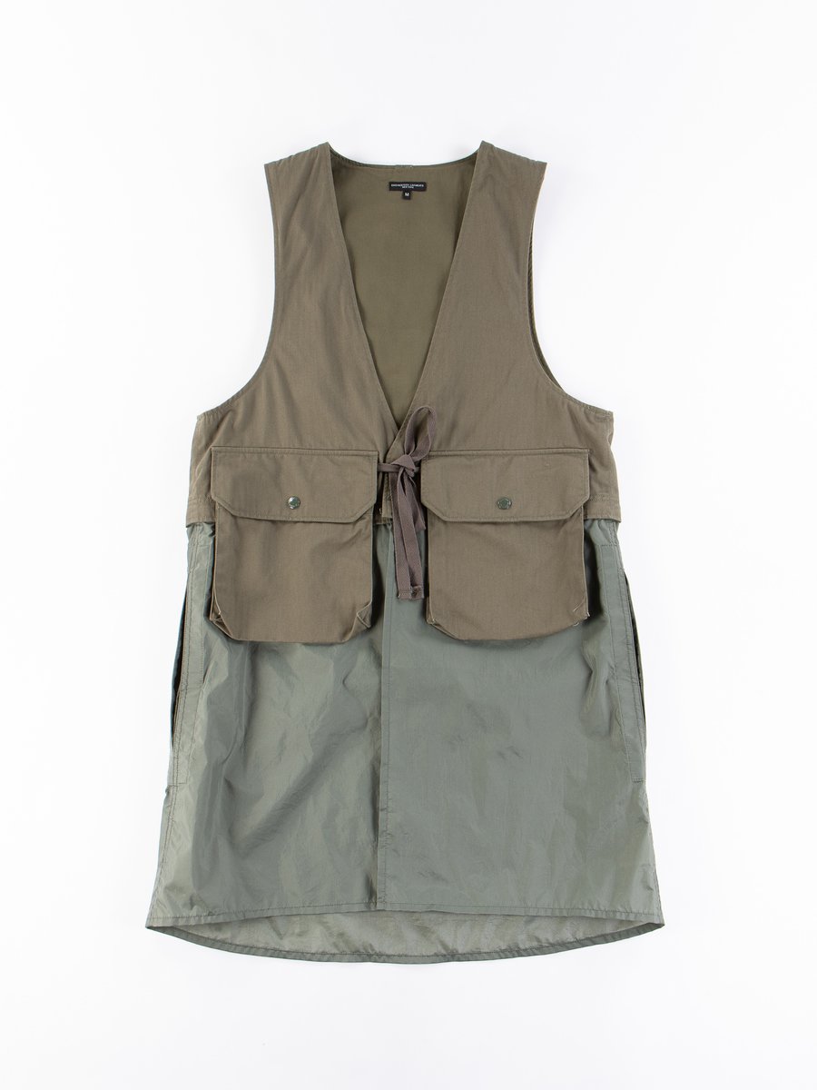 Olive Cotton Herringbone Twill Long Fowl Vest