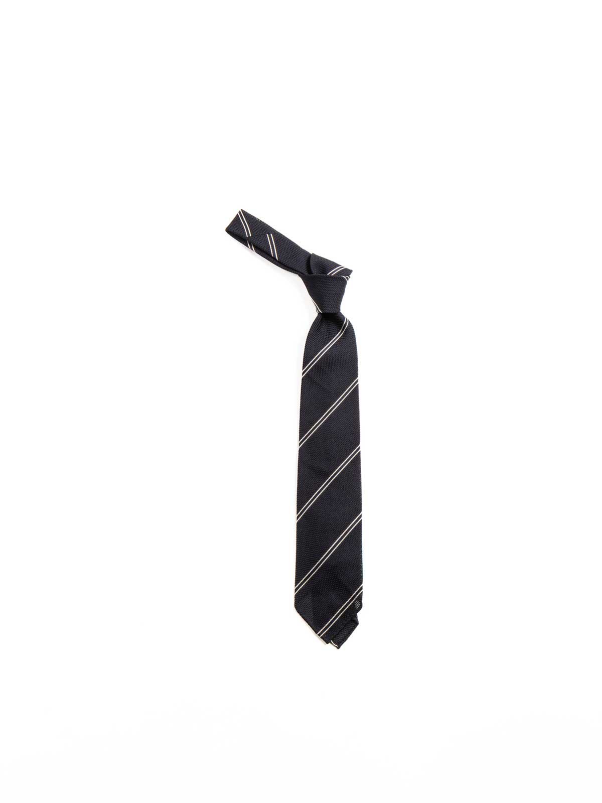 HAND&ndash;ROLLED BAR STRIPE GRENADINE TIE NAVY & ECRU - Image 1