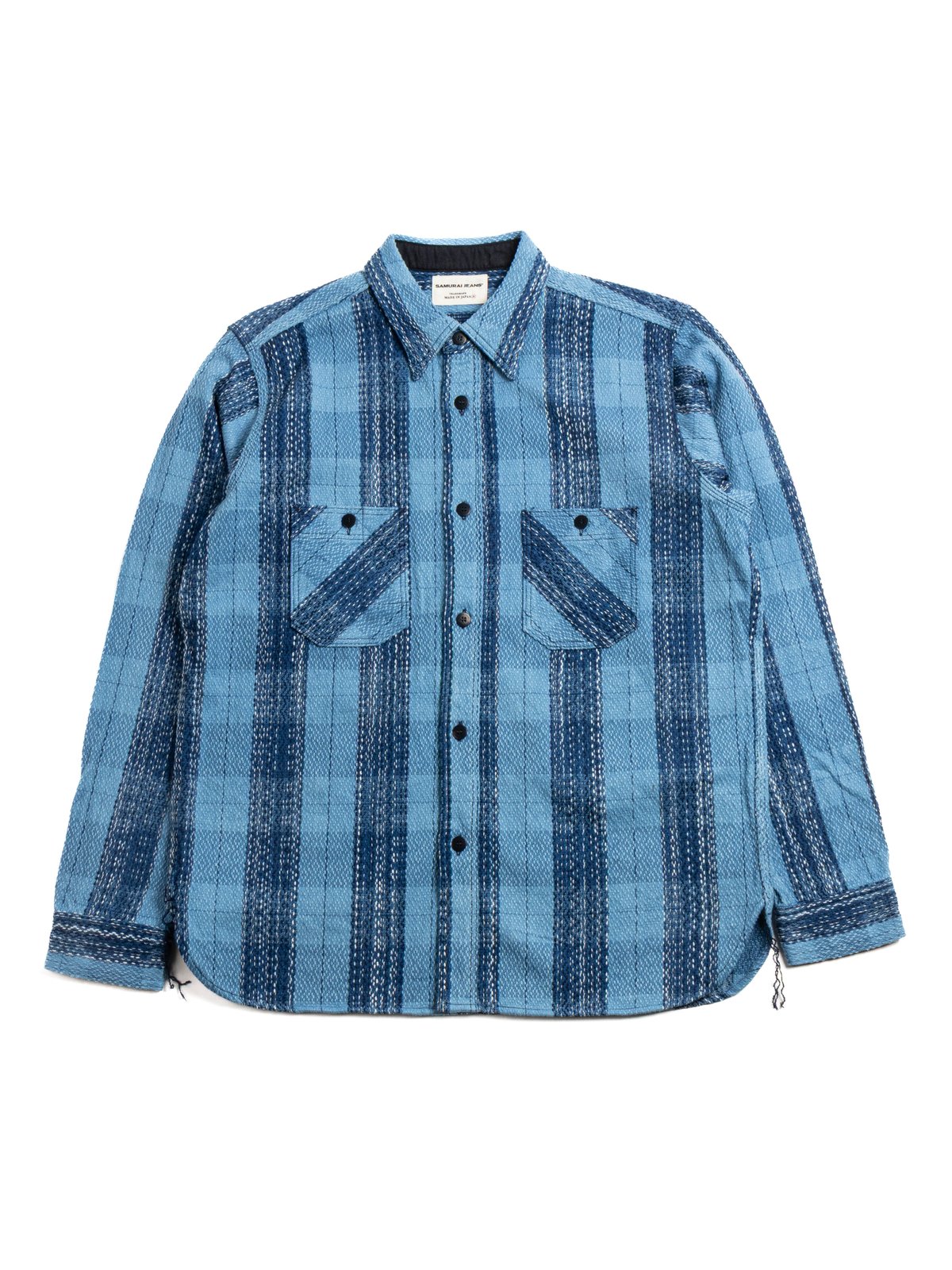 SKN24–01W INDIGO DYED SASHIKO FLANNEL RAIN DROP KASURI WORK SHIRT - Image 1