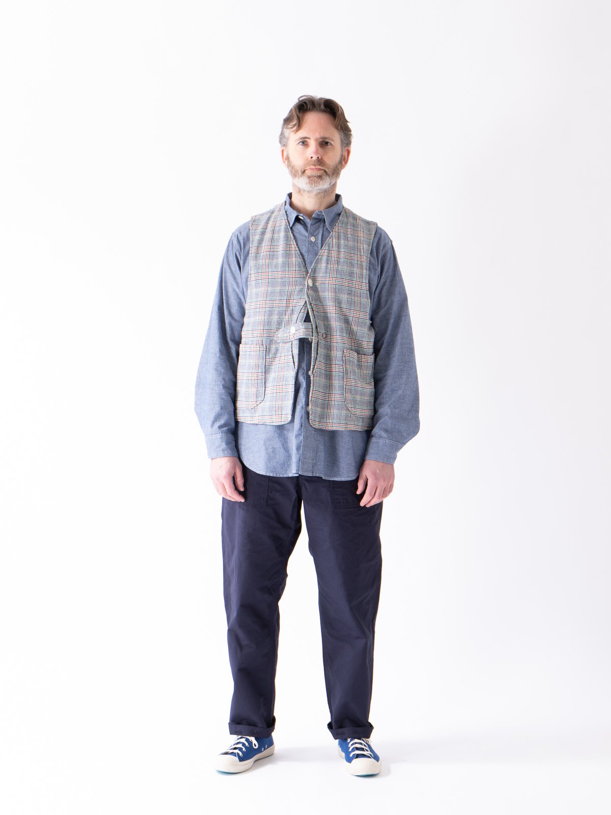 Navy/Green/Orange CP Glen Plaid Upland Vest by Engineered Garments