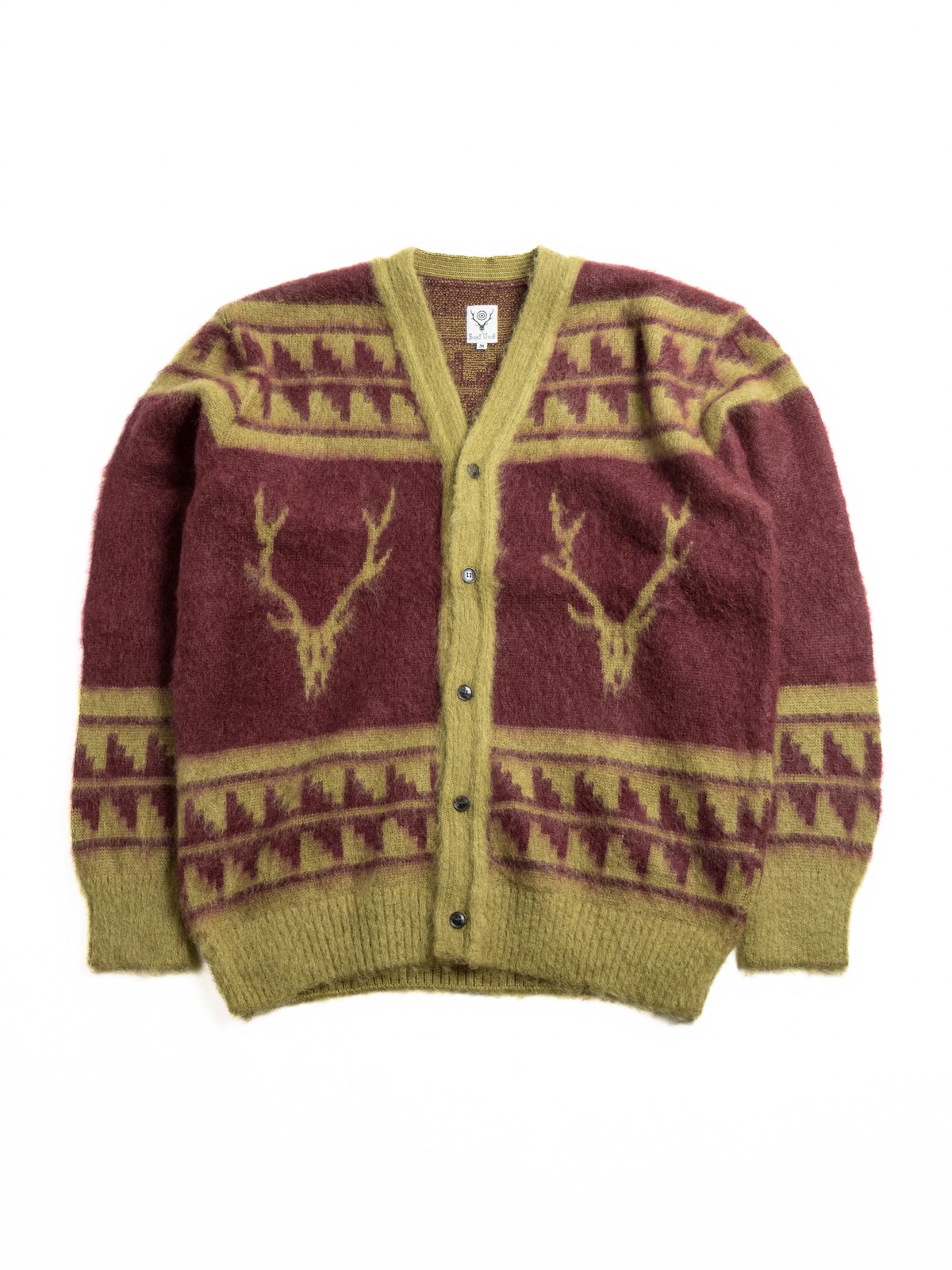 SOUTH2 WEST8 MOHAIR V NECK CARDIGAN NORDIC SKULL WINE - Image 1