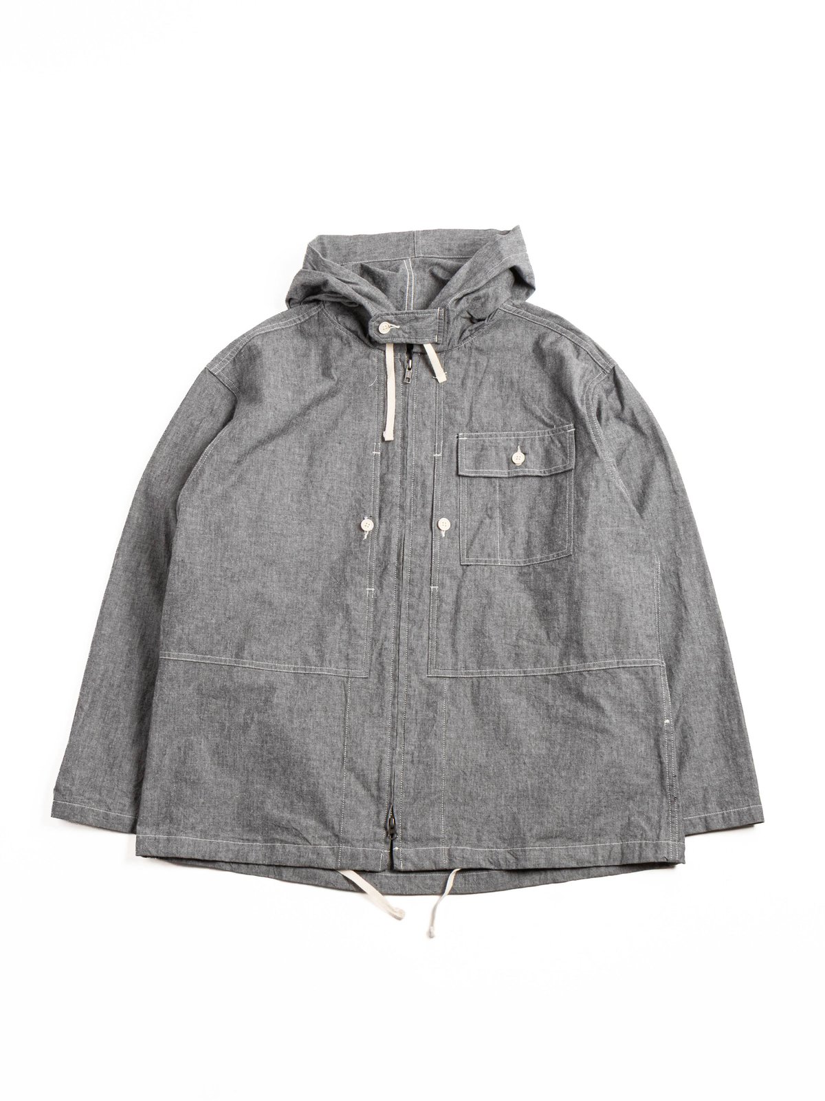 ZIP HOODED SHIRT / GREY COTTON CHAMBRAY - Image 1