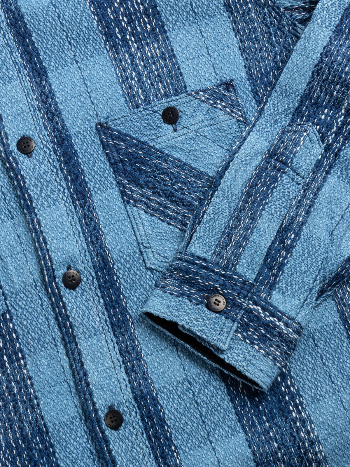 SKN24–01W INDIGO DYED SASHIKO FLANNEL RAIN DROP KASURI WORK SHIRT - Image 4