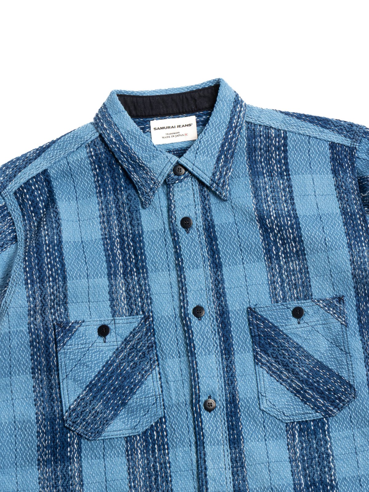 SKN24–01W INDIGO DYED SASHIKO FLANNEL RAIN DROP KASURI WORK SHIRT - Image 2