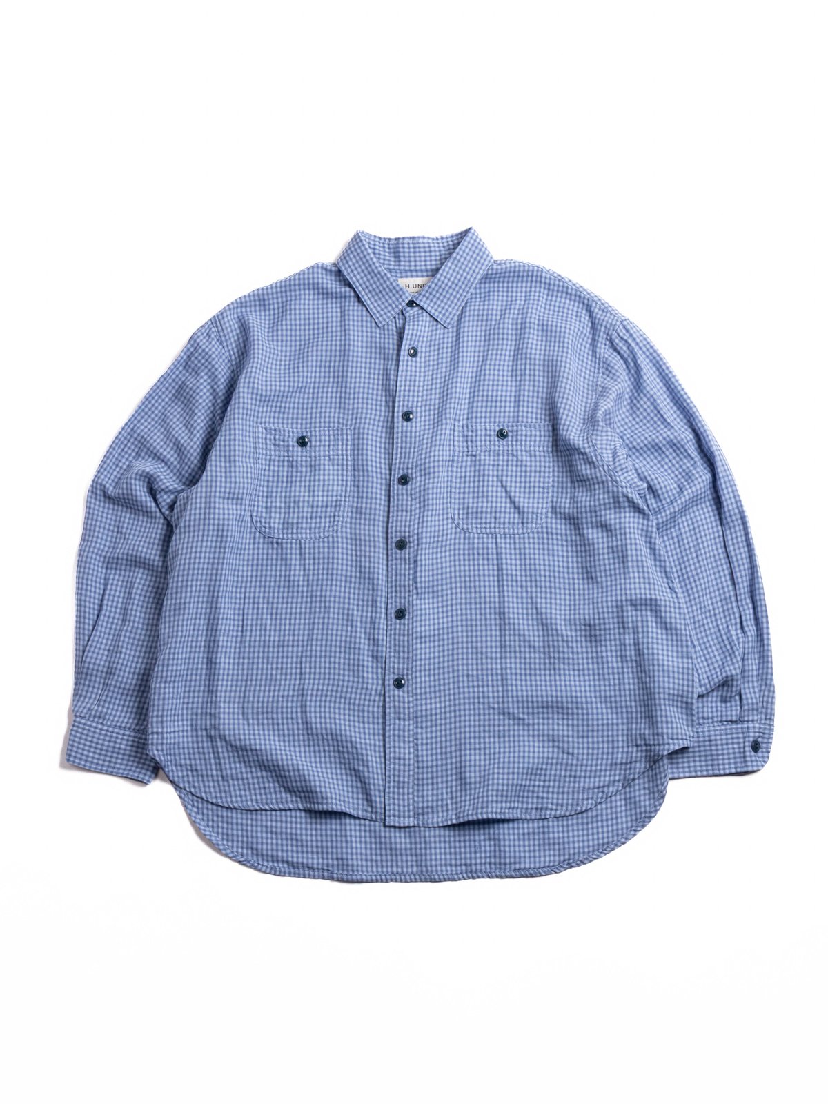 (H&ndash;SH065) DOUBLE CLOTH SMALL CHECK WORK SHIRT LIGHT BLUE - Image 1