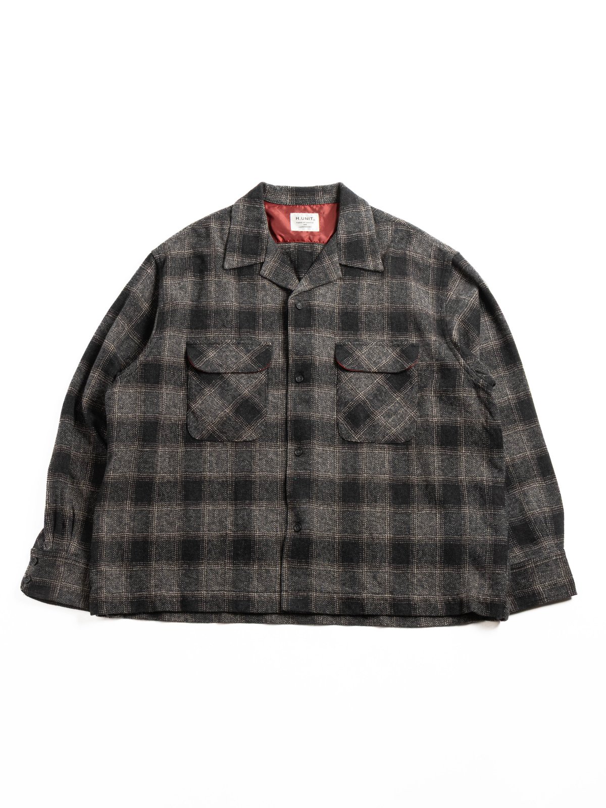 H.UNIT OMBRE CHECK OPEN COLLAR SHIRT BLACK - Image 1