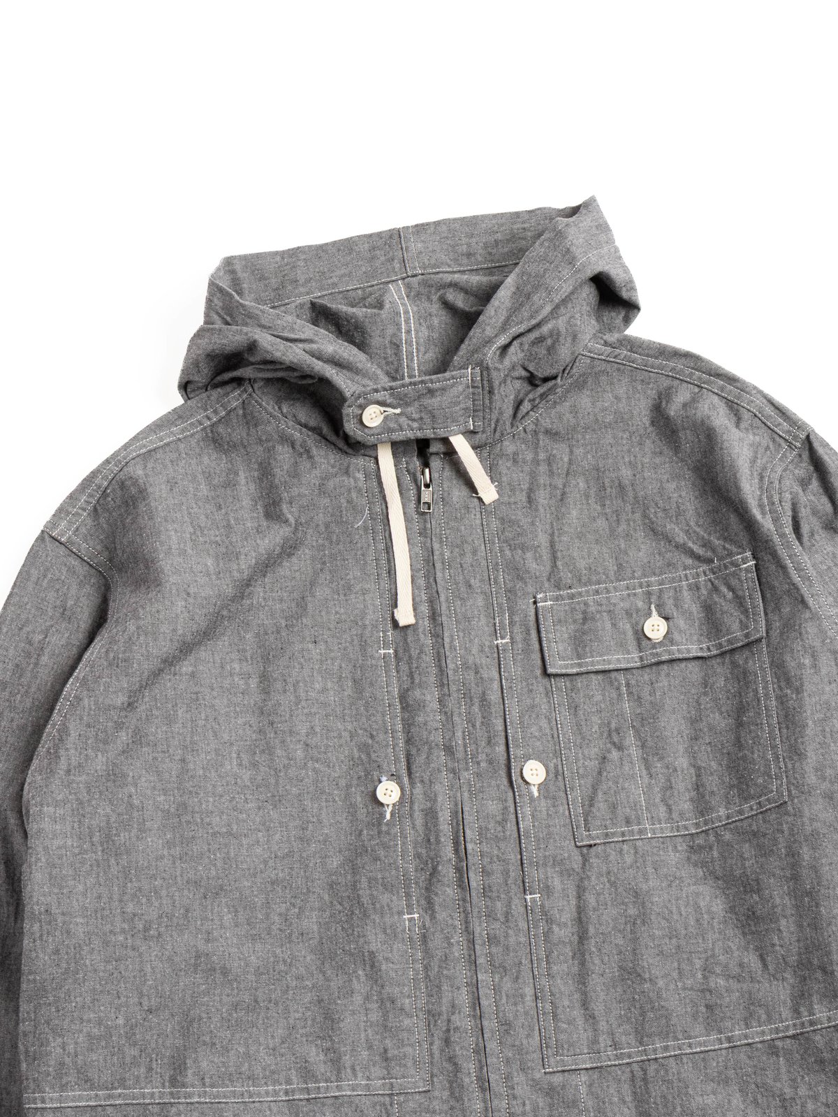 ZIP HOODED SHIRT / GREY COTTON CHAMBRAY - Image 2