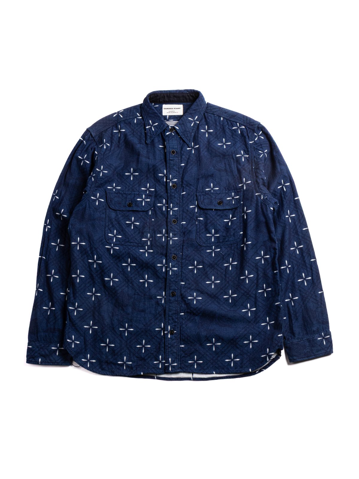 (SSS25&ndash;02W ) NARIHIRABISHI GOLDFISH PATTERN JACQUARD WORK SHIRT INDIGO - Image 1