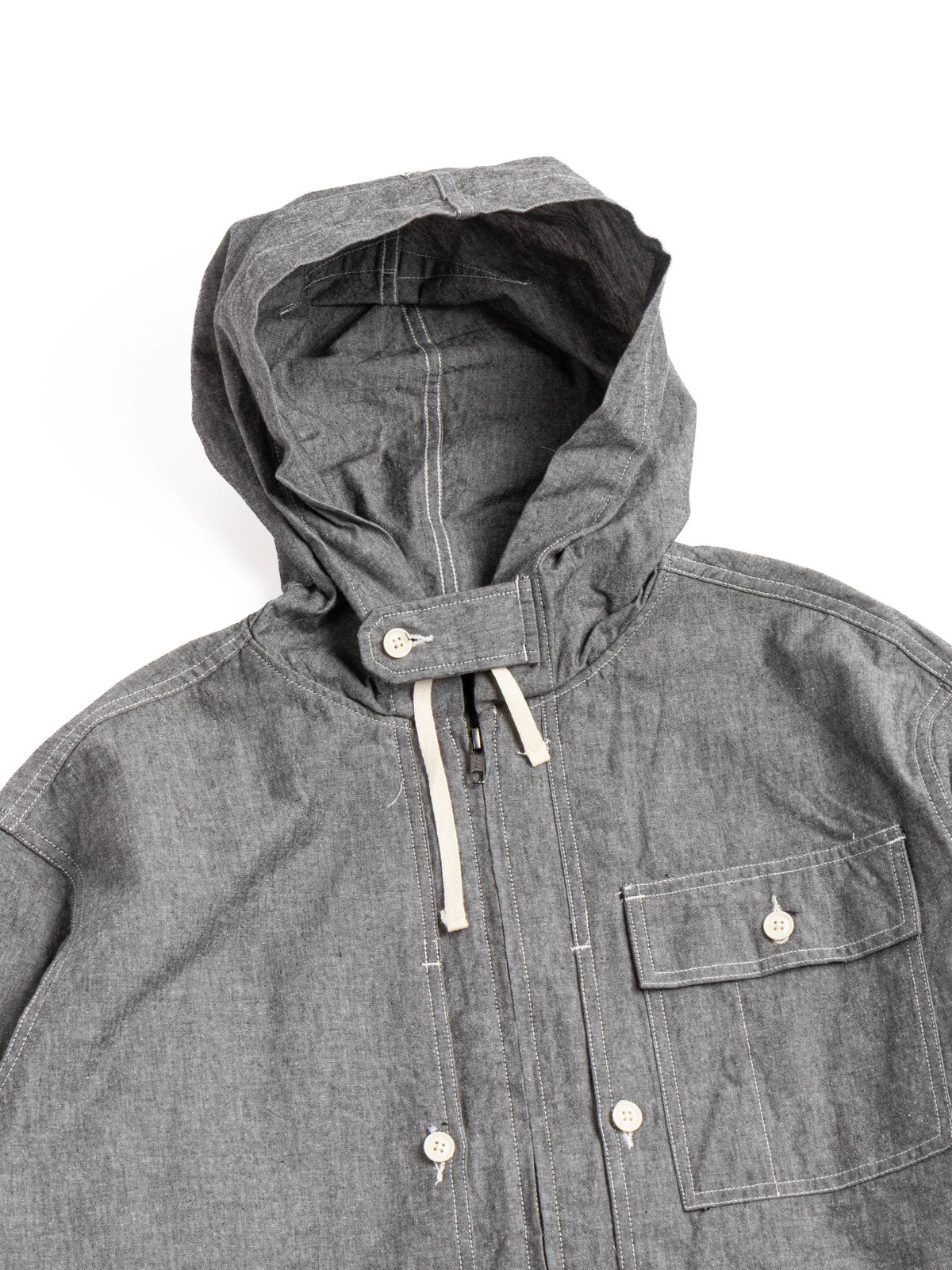 ZIP HOODED SHIRT / GREY COTTON CHAMBRAY - Image 3