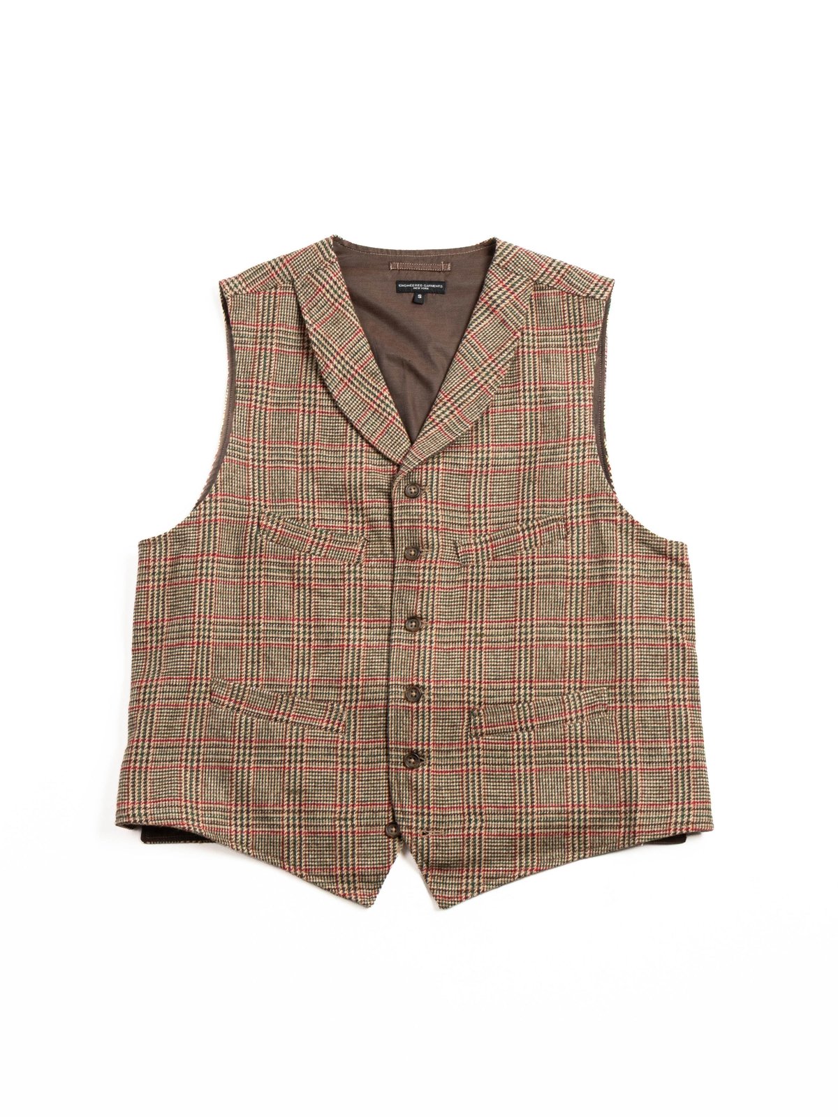 SHAWL COLLAR CINCH VEST / TAN / RED WOOL POLY GLEN PLAID - Image 1