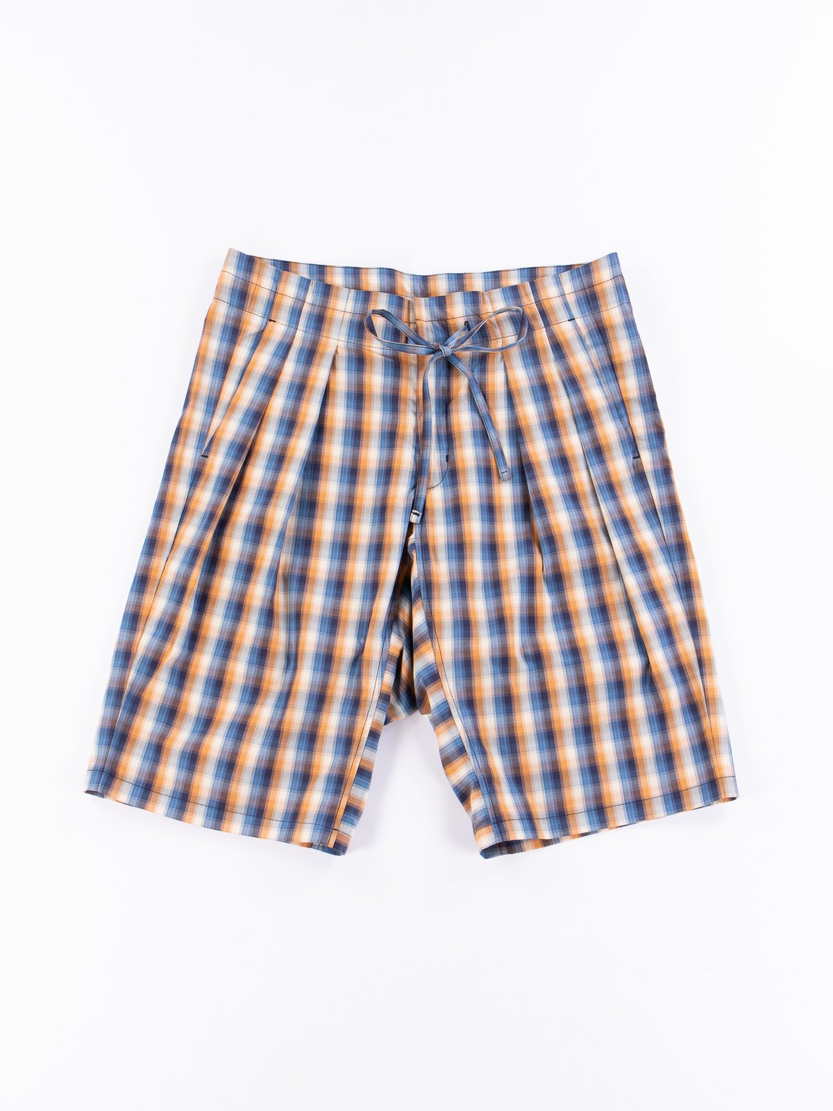 Blue/Orange Plaid Oxford Vancloth Drop Crotch Shorts - Image 1