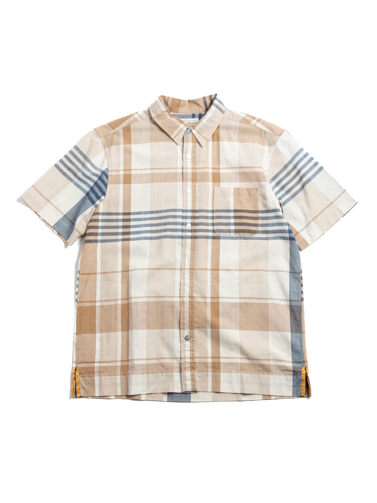 (OM45645.26) RAW YARN STOUT WEAVE MADRAS S/S NATURAL TAN NAVY - Image 1
