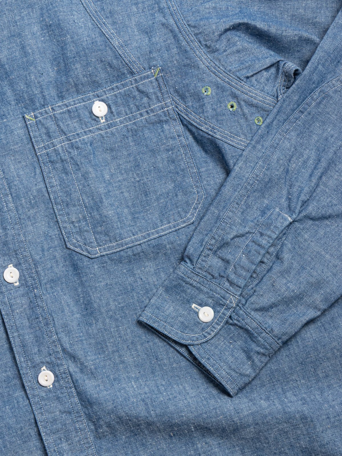 (LOT 3064 / DUCK DIGGER) VENTILATION TRIPLE STITCH CHAMBRAY SHIRTS SAX - Image 4