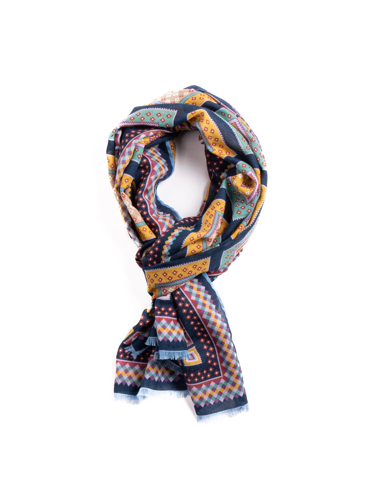 NAVY KELIM BLOCK PRINT WOOL–SILK SCARF - Image 1