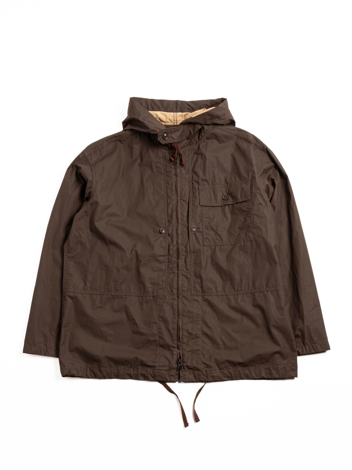 ZIP HOODED SHIRT /  Dk.BROWN COTTON LT.WEIGHT COATED CLOTH - Image 1
