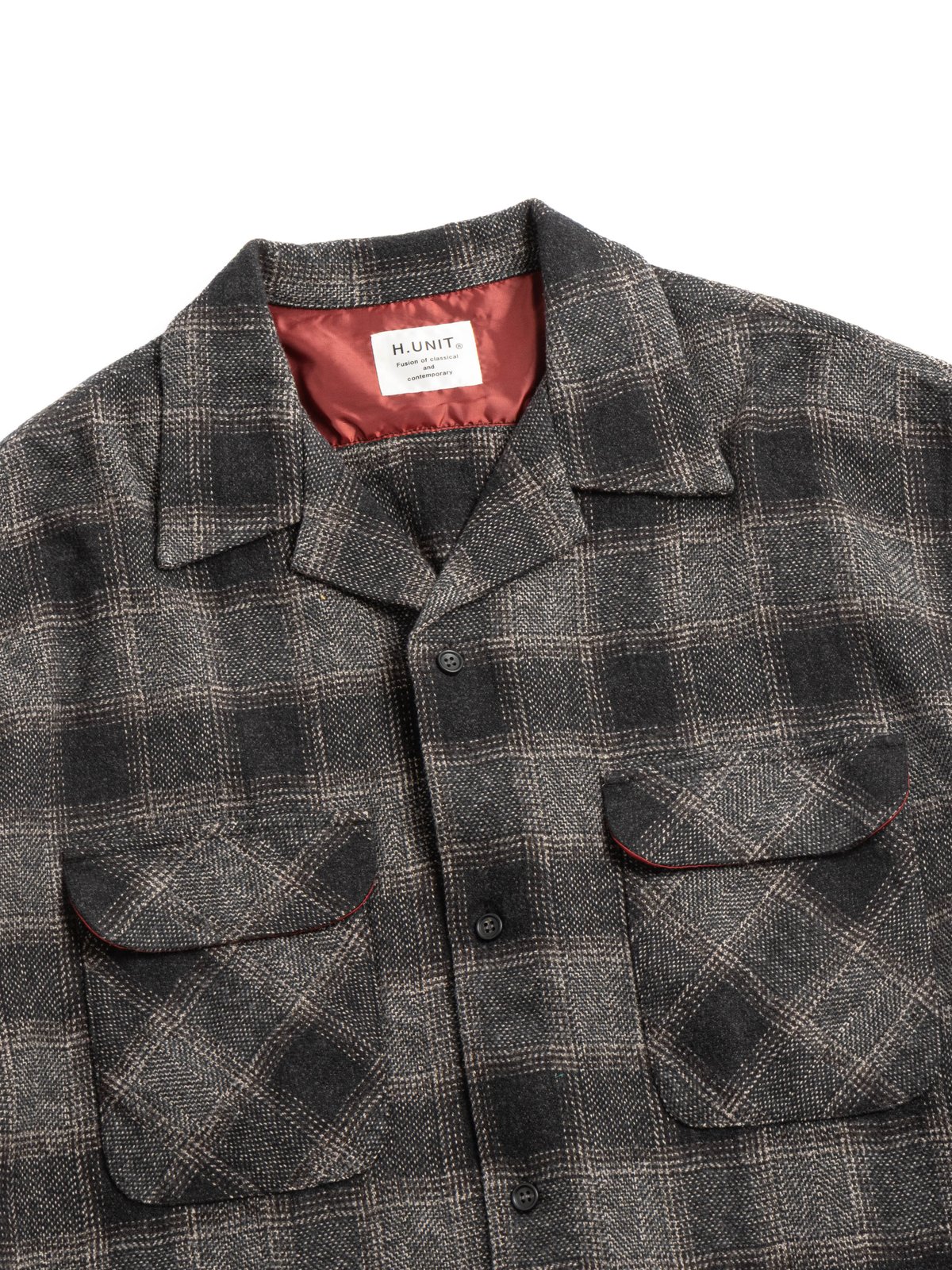 H.UNIT OMBRE CHECK OPEN COLLAR SHIRT BLACK - Image 2