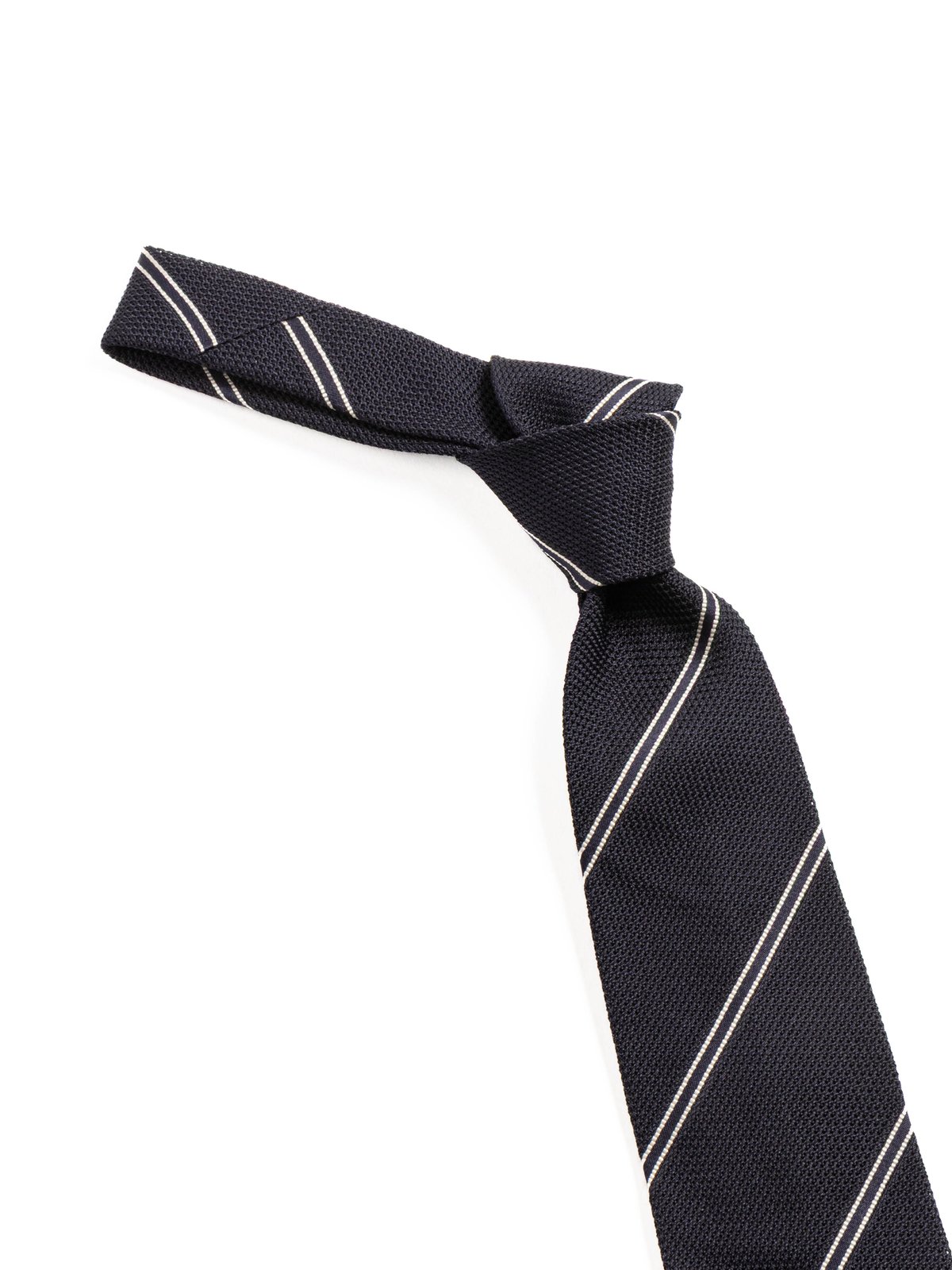HAND&ndash;ROLLED BAR STRIPE GRENADINE TIE NAVY & ECRU - Image 2