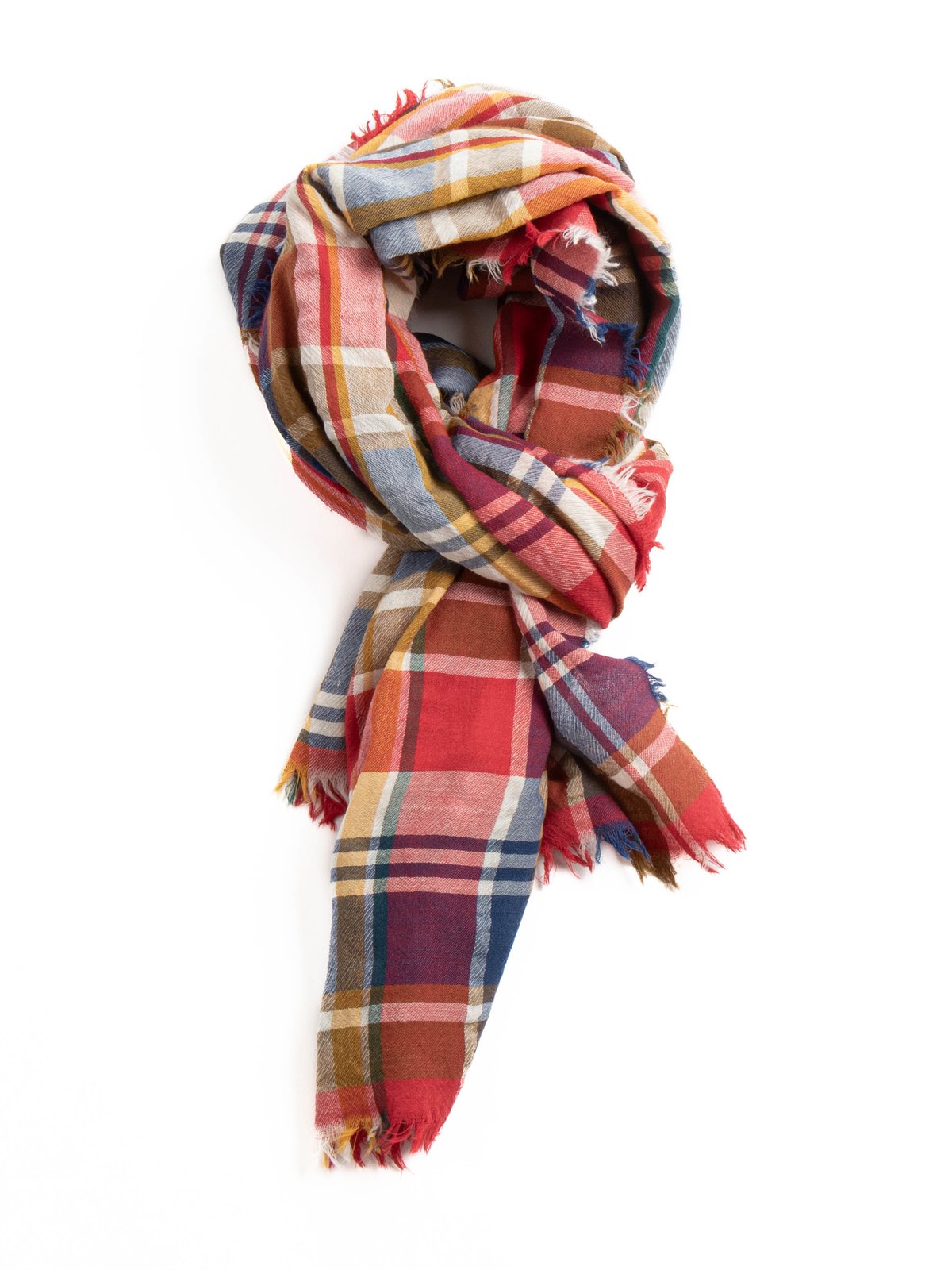 CHECK WORSTED SCARF BLUE YELLOW & RED - Image 1